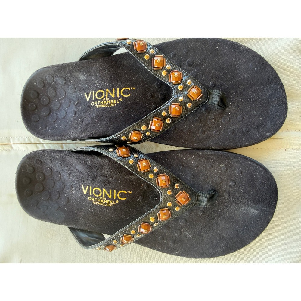 Vionic Floriana Black Beaded Orthaheel Orthopedic Sandals Womens 6 Wide TVW4401